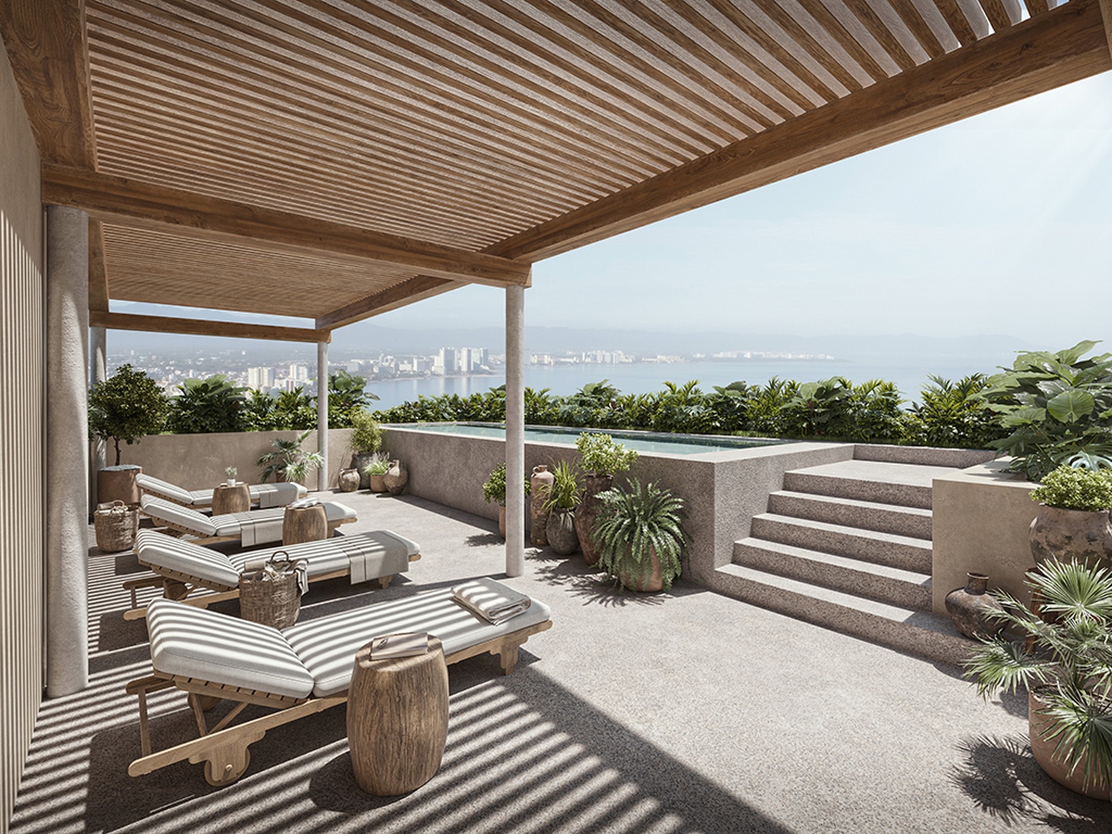 Aeheca rooftop lounge render with sunbeds