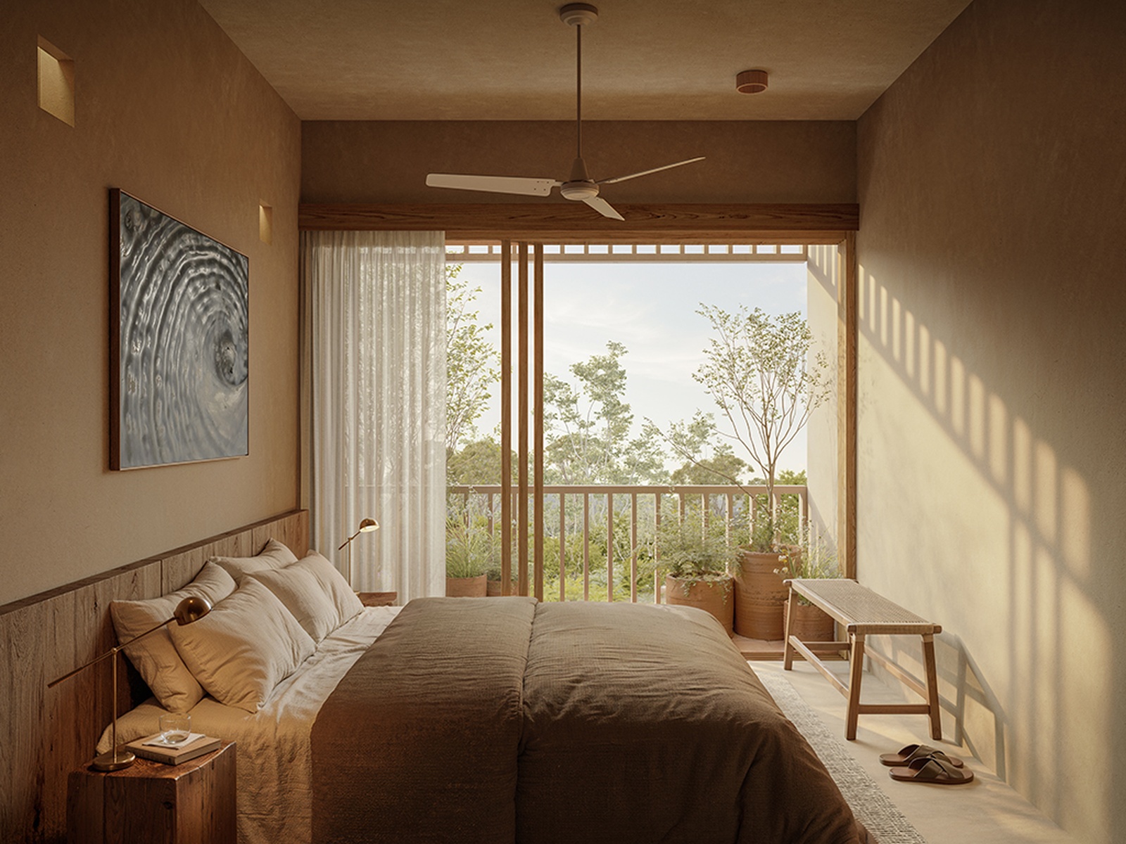 Mahari bedroom interior render with balcony view