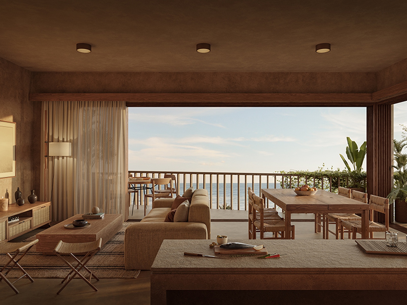 Mahari bedroom interior render with ocean-facing terrace