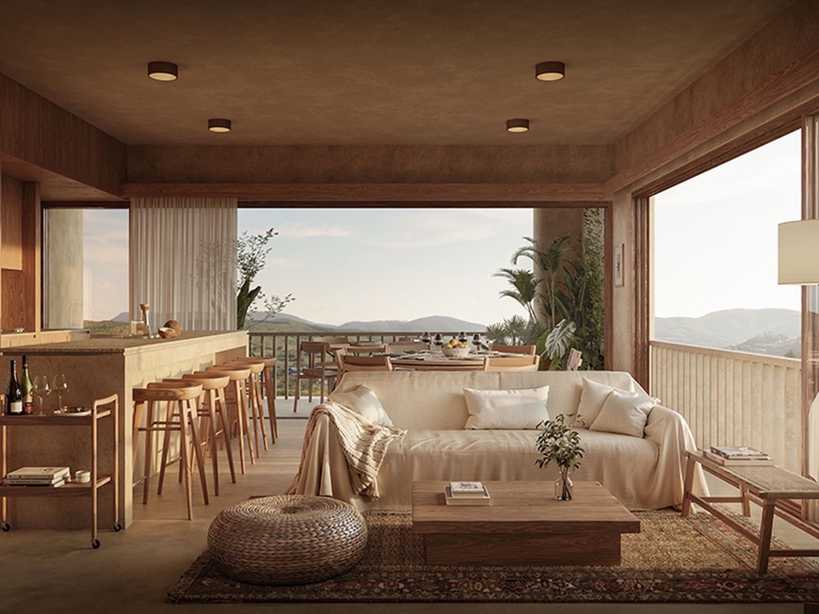 Mahari living room render with balcony and view